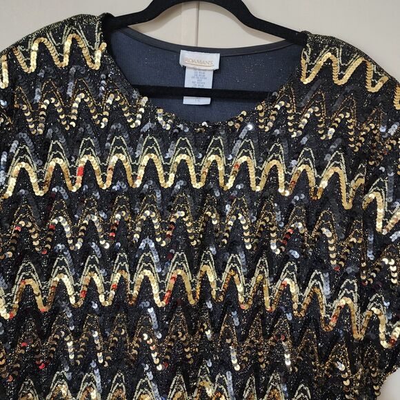 Roamans Black Gold Sequin VINTAGE Holiday Shell Top Plus Size 20/22 Stretch - Picture 4 of 16